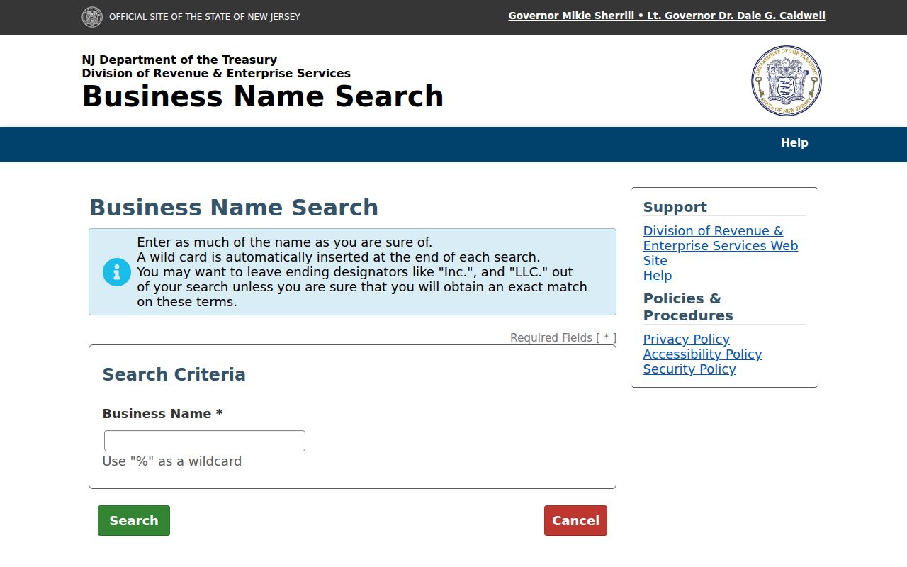Marlboro resident lookup view of the New Jersey business-name search