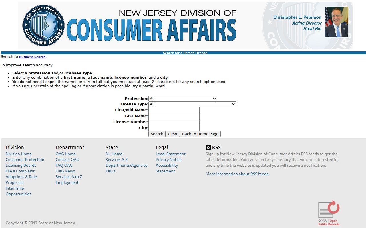 Marlboro resident lookup view of the New Jersey MyLicense verification search